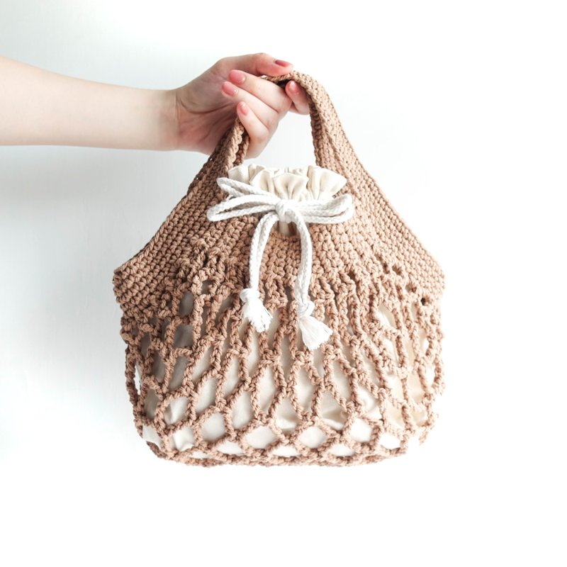 Crochet Net Bag Shopping Bag - กระเป๋าถือ - ผ้าฝ้าย/ผ้าลินิน ขาว