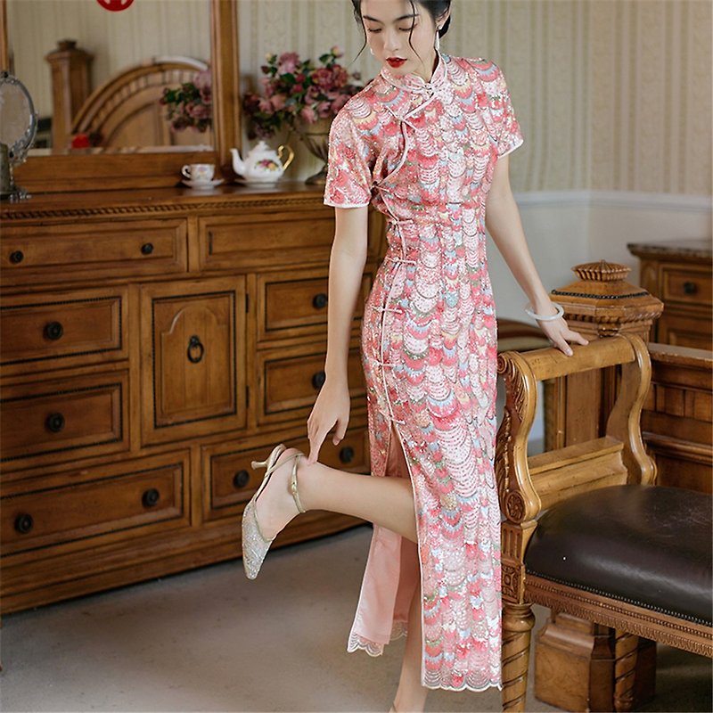 Pink Rouge Sequin Lace Cardigan Dinner Cheongsam Wedding Banquet Wedding Bride Dress Gift - Qipao - Polyester Pink