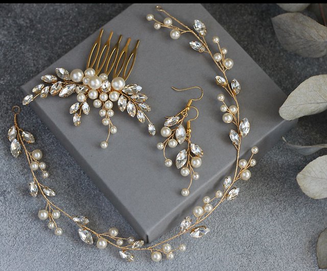Bridal Hair Vine / Pearl Hair comb and Earrings set / Bridal Hair Comb Pearl  - Shop MiaLuciaBridal Hair Accessories - Pinkoi