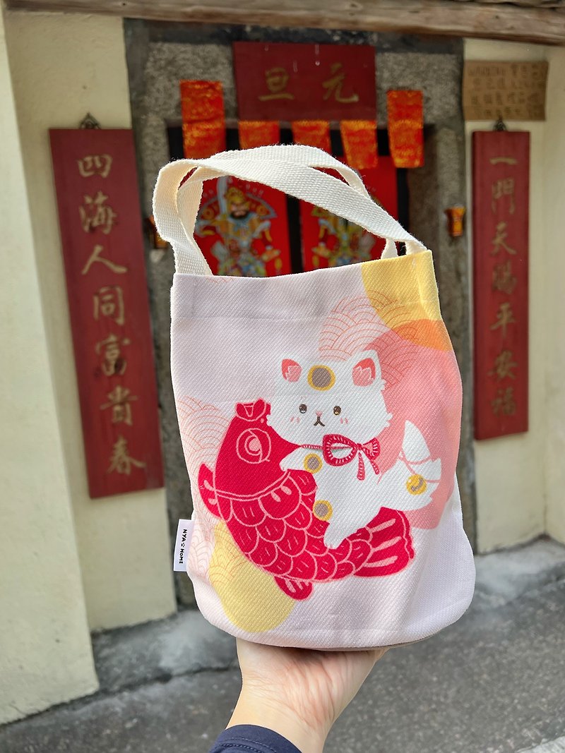 棉．麻 水桶包/束口袋 - 鯉魚貓款 兩用水桶袋