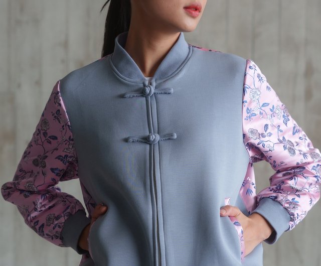 Love In Mist Oriental Bomber Jacket Grey Multi Pink Shop Qipology Qipao Pinkoi