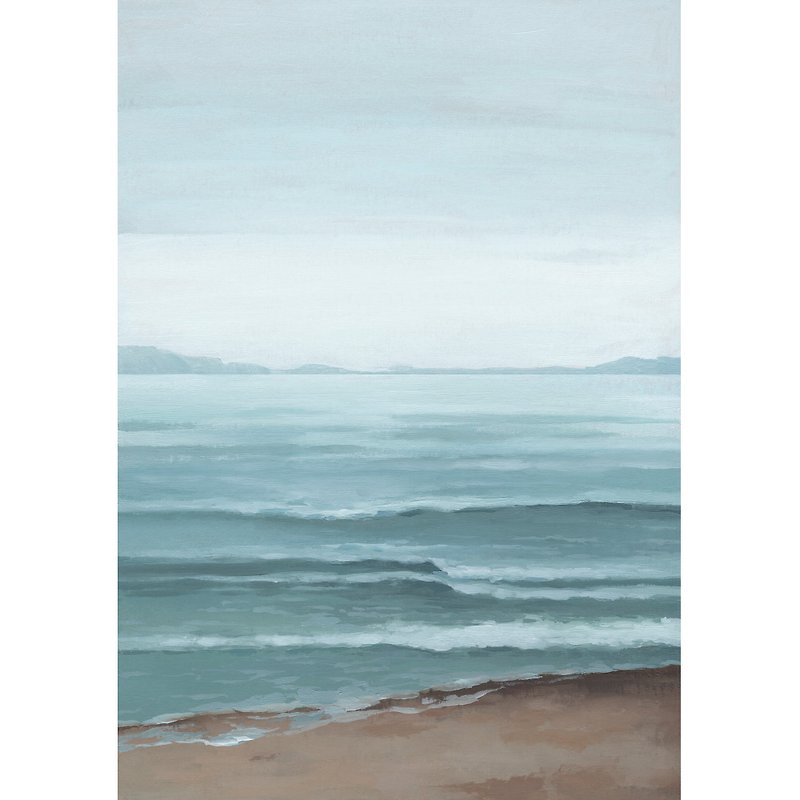 ニュートラルな海岸風景 段ボールのオリジナル油絵 ミニマリストの海の風景 - ポスター・絵 - その他の素材 ブルー
