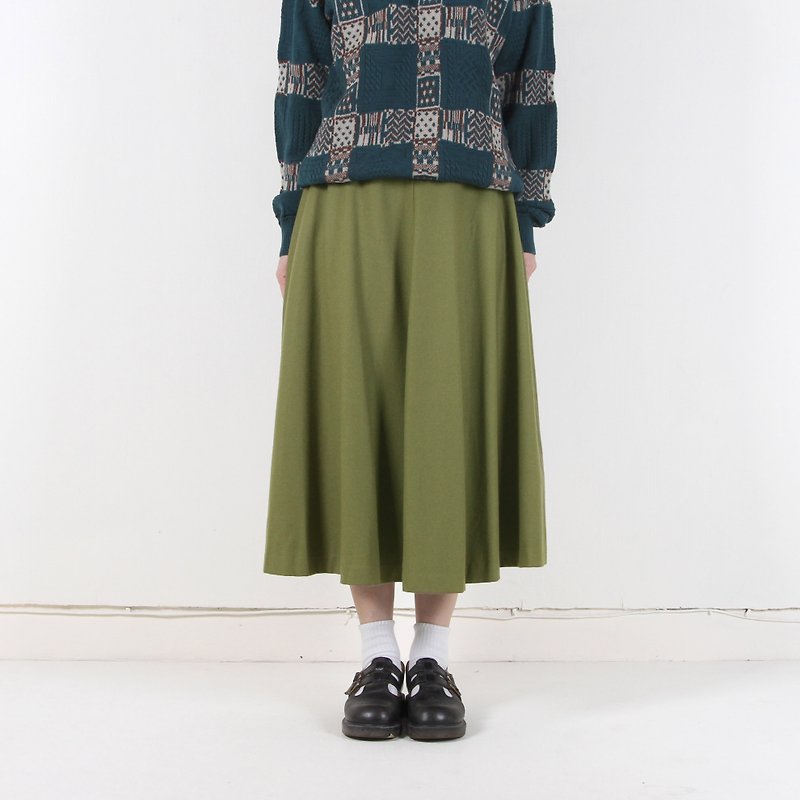 [Egg plant vintage] Morning dew green wool with a quilted dress - Skirts - Wool Green