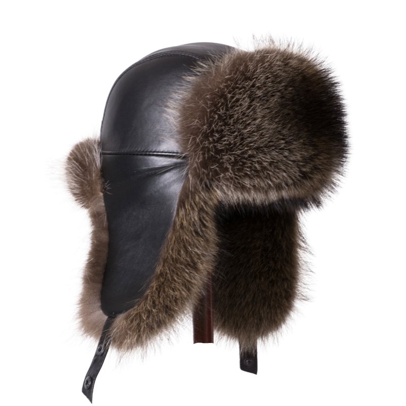 Ushanka Fur Hat Raccoon Fur Real Hat Color Gray-brown (Black smooth leather) - 帽子 - 羊毛 咖啡色