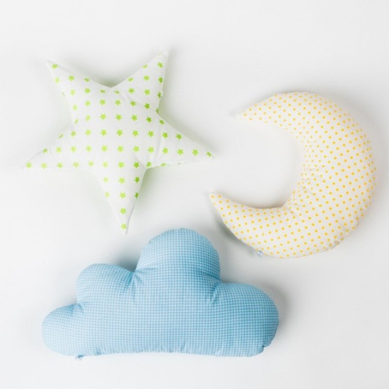 Set of 3! Pillow set cloud - star - moon, green, yellow, blue - 滿月禮物 - 棉．麻 
