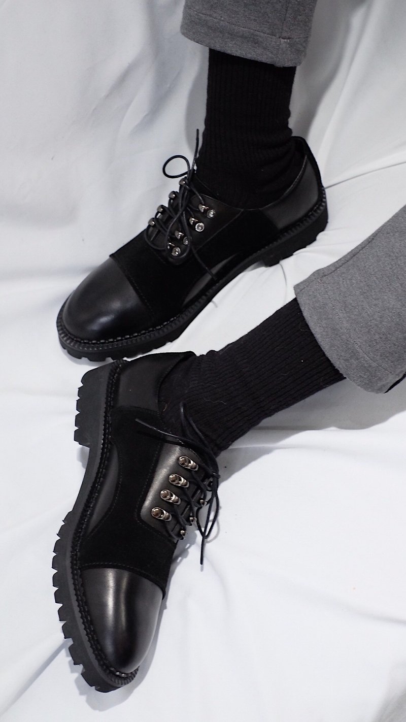 Patchwork suede leather school shoes - รองเท้าลำลองผู้ชาย - หนังแท้ สีดำ