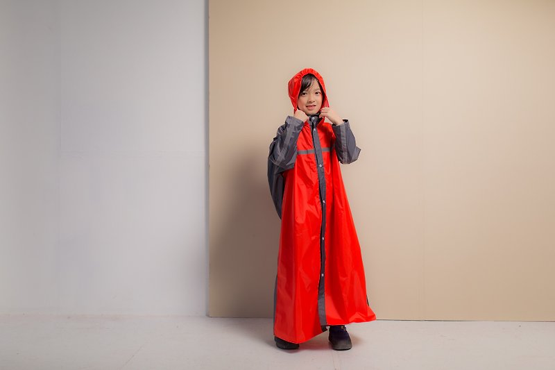 兒童頂峰背包款前開式雨衣-橘紅/鐵灰 - 雨傘/雨衣 - 防水材質 多色