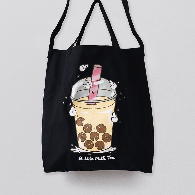 Mori Shu Eco-friendly Canvas 3 way Bag - Bubble Tea Rabbit. - Messenger Bags & Sling Bags - Cotton & Hemp Black