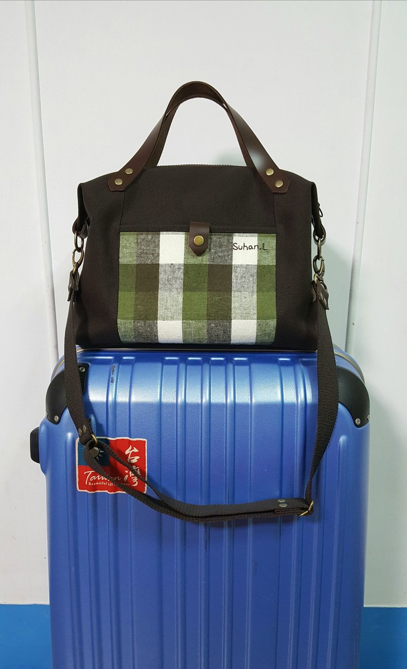 Japan No. 8 canvas series (leather hand strap) ~ green plaid shoulder bag / handbag / cross-body bag - Messenger Bags & Sling Bags - Cotton & Hemp Multicolor