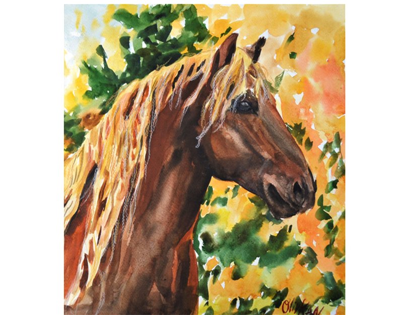 Horse Original Painting Animal Watercolor Art Wildlife Artwork Horse Wall Art - 海報/掛畫/掛布 - 環保材質 金色