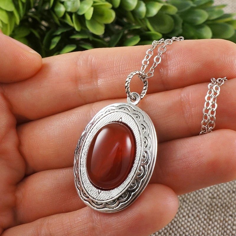Fire Red Carnelian Silver Oval Photo Locket Pendant Necklace Woman Jewelry Gift - 項鍊 - 其他材質 紅色