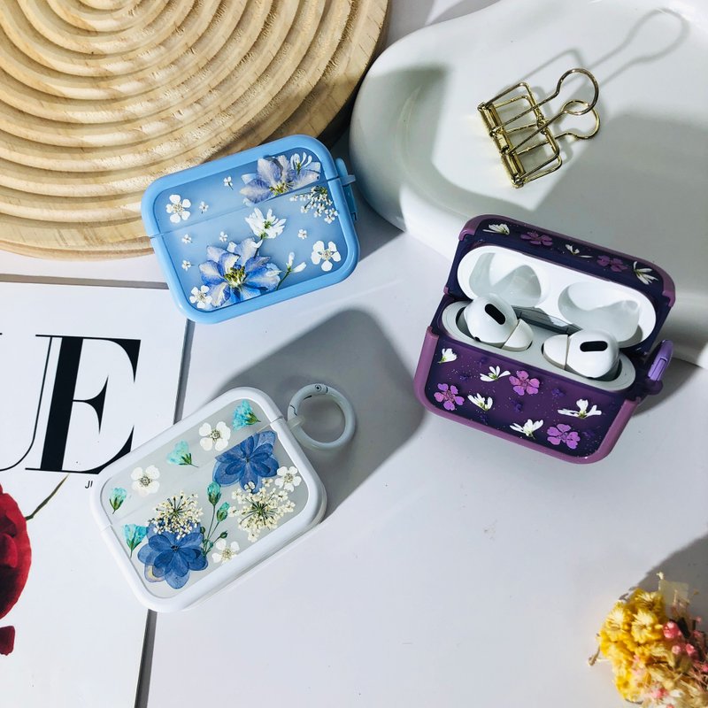 白藍紫三色花組合壓花耳機殼,專用AirPods 1,2,3,4,AirPods Pro 2 - 耳機/藍牙耳機 - 植物．花 