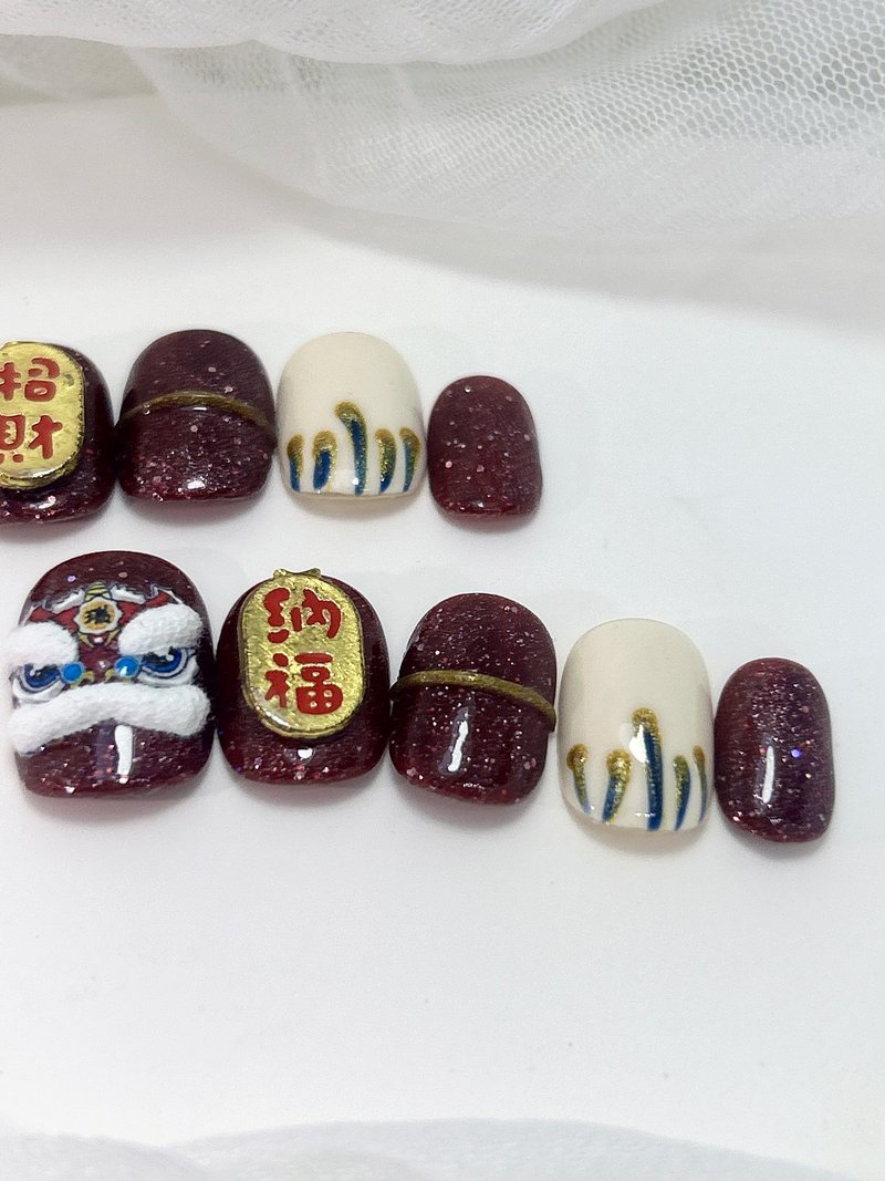 【JIA】Deep Red Lion Omen - Golden Lion Wealth Attracting Press-On Nails Style S - Other - Plastic Red