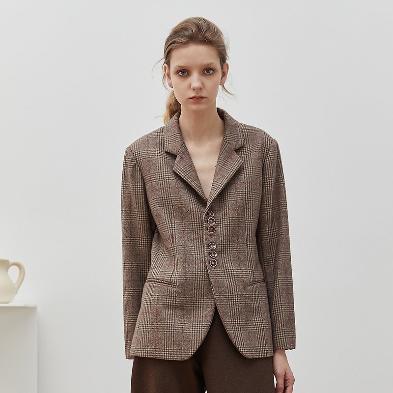 Brown British retro waist suit autumn and winter wool material plaid neutral wind jacket stacked artifact - เสื้อแจ็คเก็ต - ขนแกะ สีนำ้ตาล