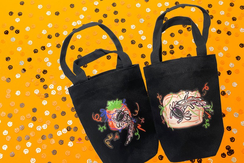 【Gift Choice】Halloween Axolotl 100% Cotton Canvas Drinking Handbag - Beverage Holders & Bags - Other Materials Pink