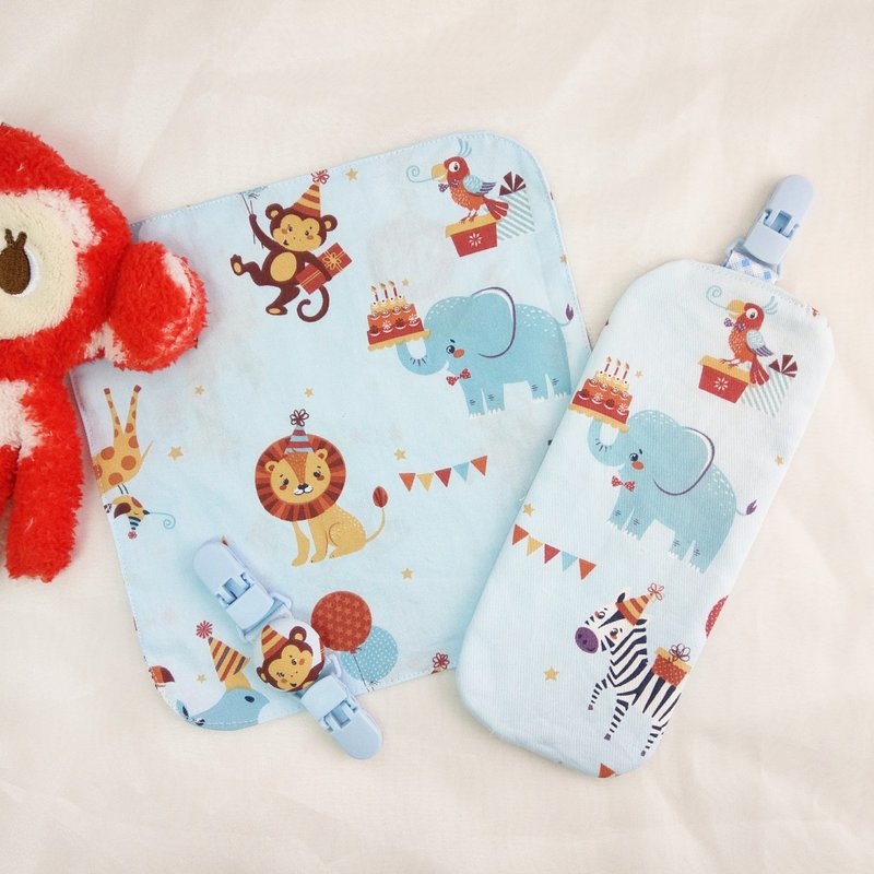 Animal birthday party. Double-sided cotton handkerchief/handkerchief clip/handkerchief with clip (name can be embroidered) - Bibs - Cotton & Hemp Blue