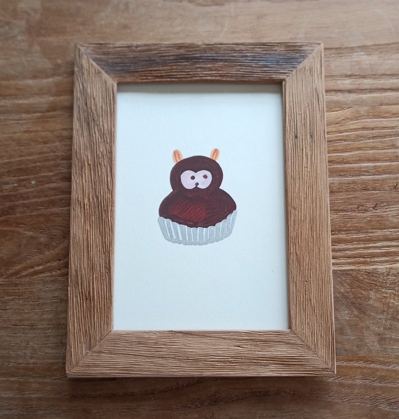 Illustration Tanuki cake illustration with wooden photo frame Hand-drawn One-of-a-kind Postcard size Tanuki - Posters - Paper Brown