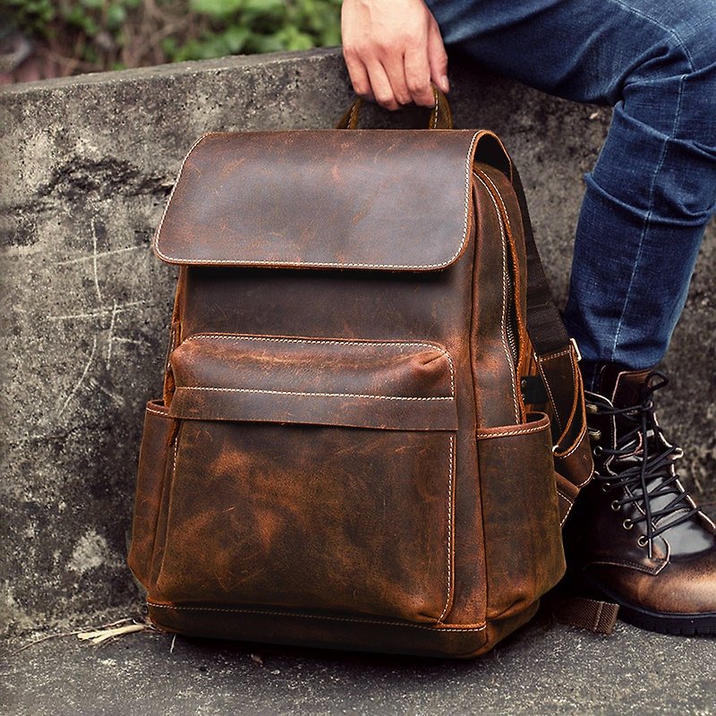 Crazy Horse Leather Backpack, Laptop Bag, School Bag, Shoulder Bag, Gift - Backpacks - Genuine Leather 