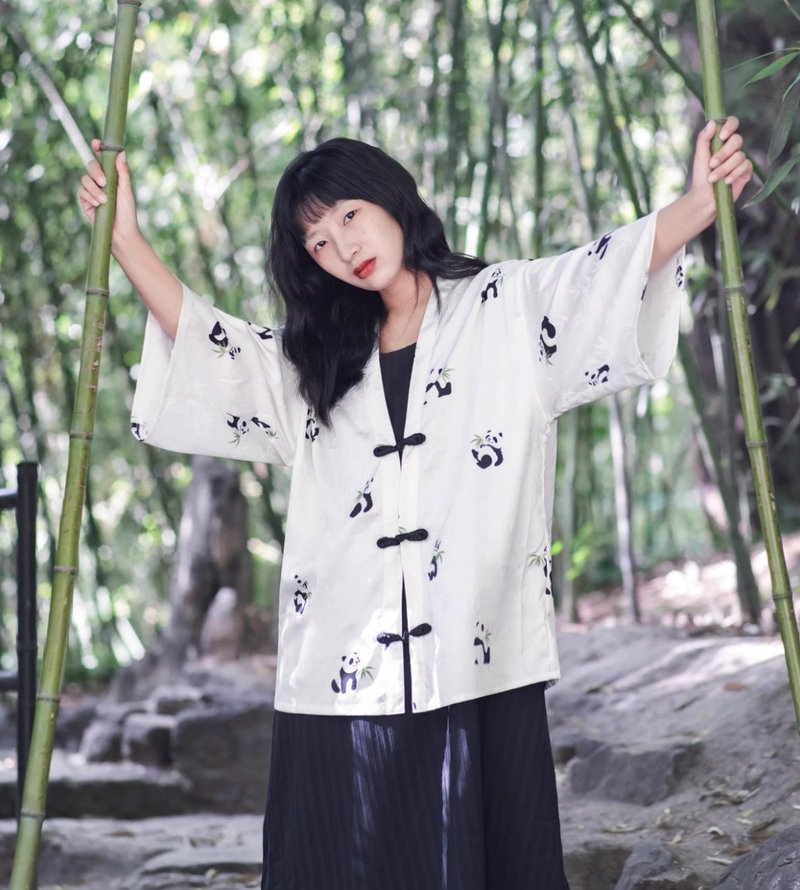日式和風 盤扣新中式熊貓翠竹開衫 和服式系帶開衫羽織外套 - 女上衣/長袖上衣 - 其他材質 白色