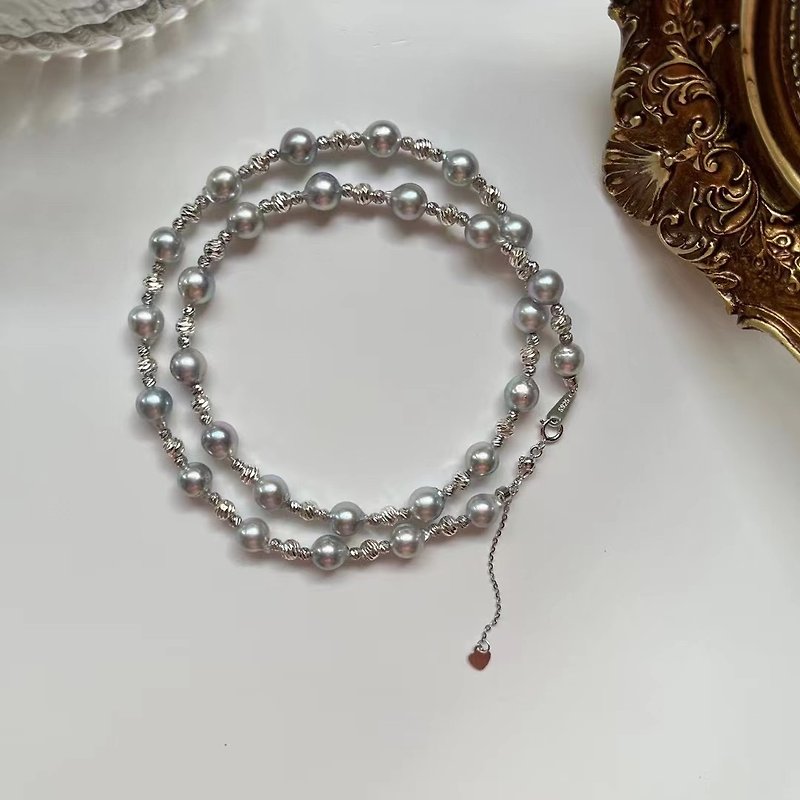 Yuan Design Natural Linen Jiu Silver Gray Aurora Pearl Necklace French Retro Fashion Temperament - สร้อยคอ - ไข่มุก ขาว