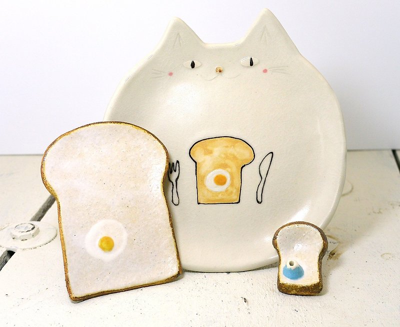 猫とぱんと目玉焼きと富士山のセット - 盤子/餐盤/盤架 - 陶 白色