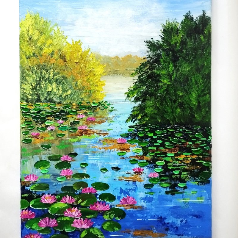 Water lily original painting Lotuses on the pond landscape art wall decoration - ตกแต่งผนัง - อะคริลิค หลากหลายสี