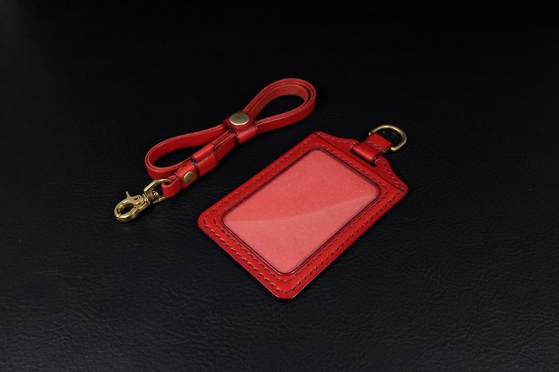 KH red straight ID card holder, card holder, leisure card, ID card holder, Italian vegetable tanned leather Buttero - ที่ใส่บัตรคล้องคอ - หนังแท้ สีแดง