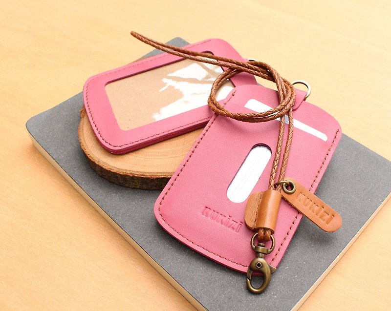 ID case/ Key card case/ Card case - ID 1 -- Pink + Tan Lanyard (Cow Leather) - ID & Badge Holders - Genuine Leather 