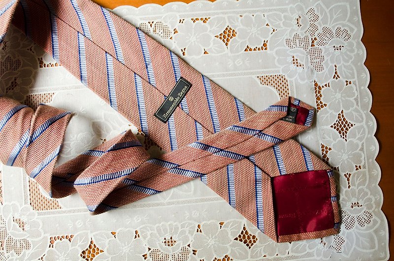 Orange Blue Twill College Mixed Wool Knit Tie Ermenegildo Zegna #Vintage - เนคไท/ที่หนีบเนคไท - ขนแกะ 