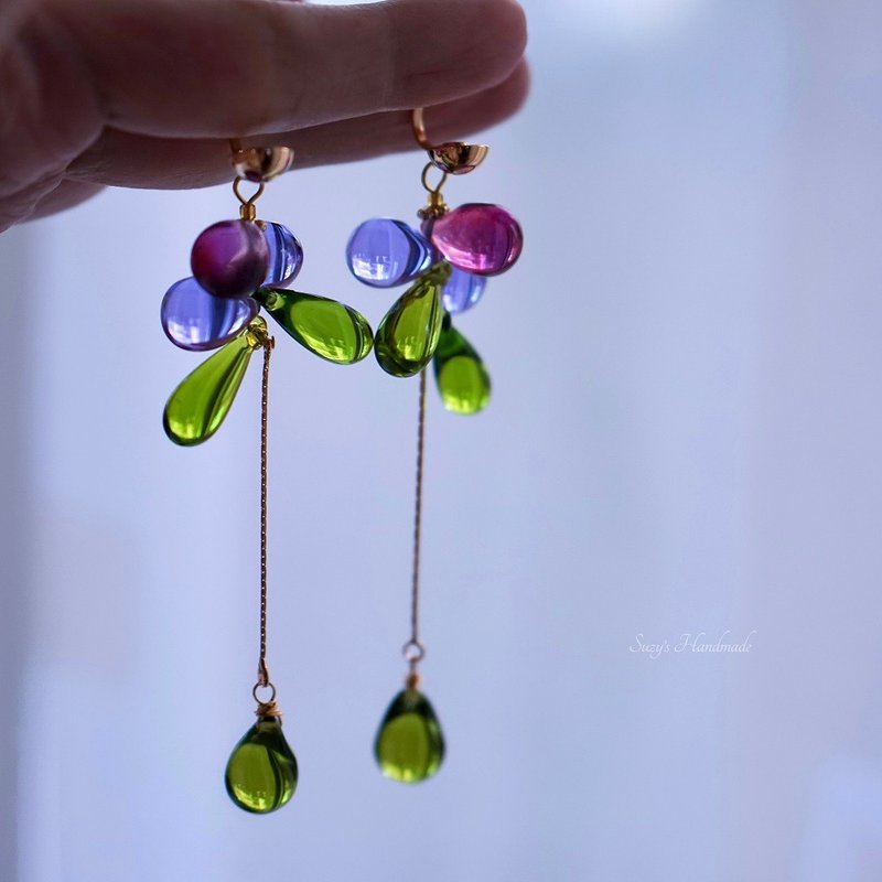 MONET Garden Vintage Style Purple Green Handmade Glaze Pierce Earclip - ต่างหู - กระจกลาย 