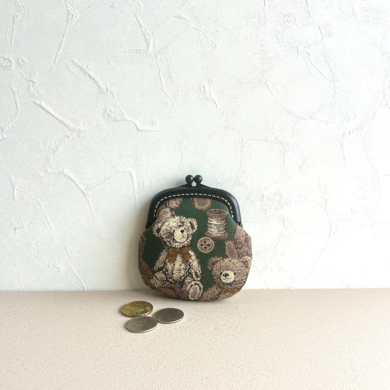 [Retro Bear Green Bottom] Coin Purse#小口金包#cute#Japanese#storage - Coin Purses - Cotton & Hemp Green