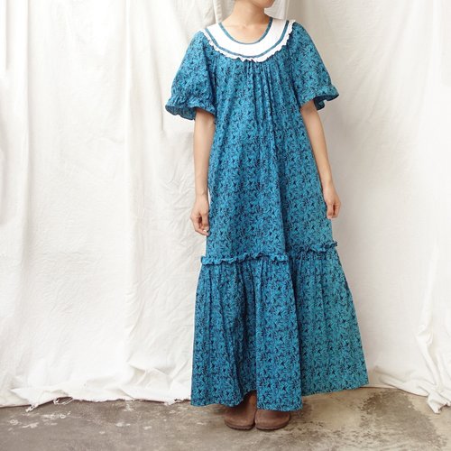 【早い者勝ち】ハワイアン　ワンピース　ブルー BajuTua /ヴィンテージ/ 80年代のトルコのブルーレースの花柄の