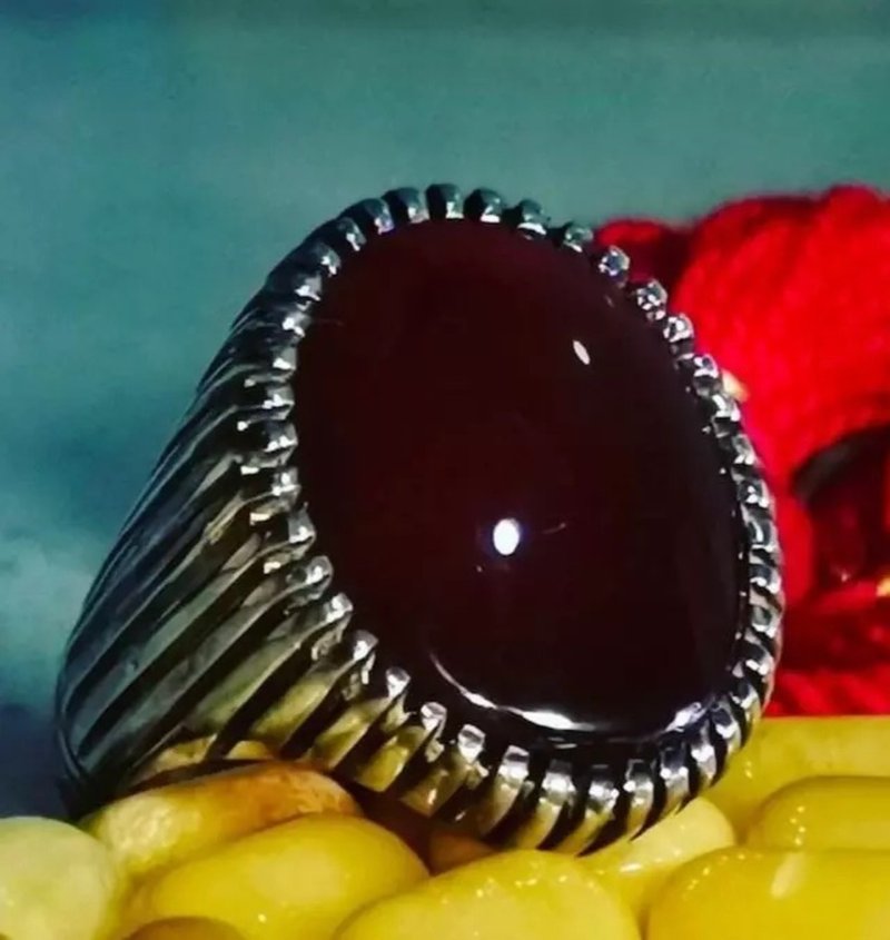 Yemeni Aqeeq Aqiq Akik Jewelry Unisex ring hakik real gemstone ring blood red - 戒指 - 寶石 紅色