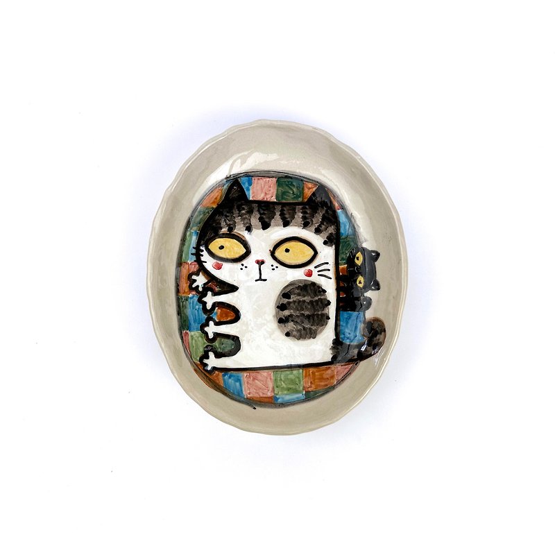 素敵な粘土のオーバルプレート キュートな猫 0302-61 - 皿・プレート - 陶器 ホワイト