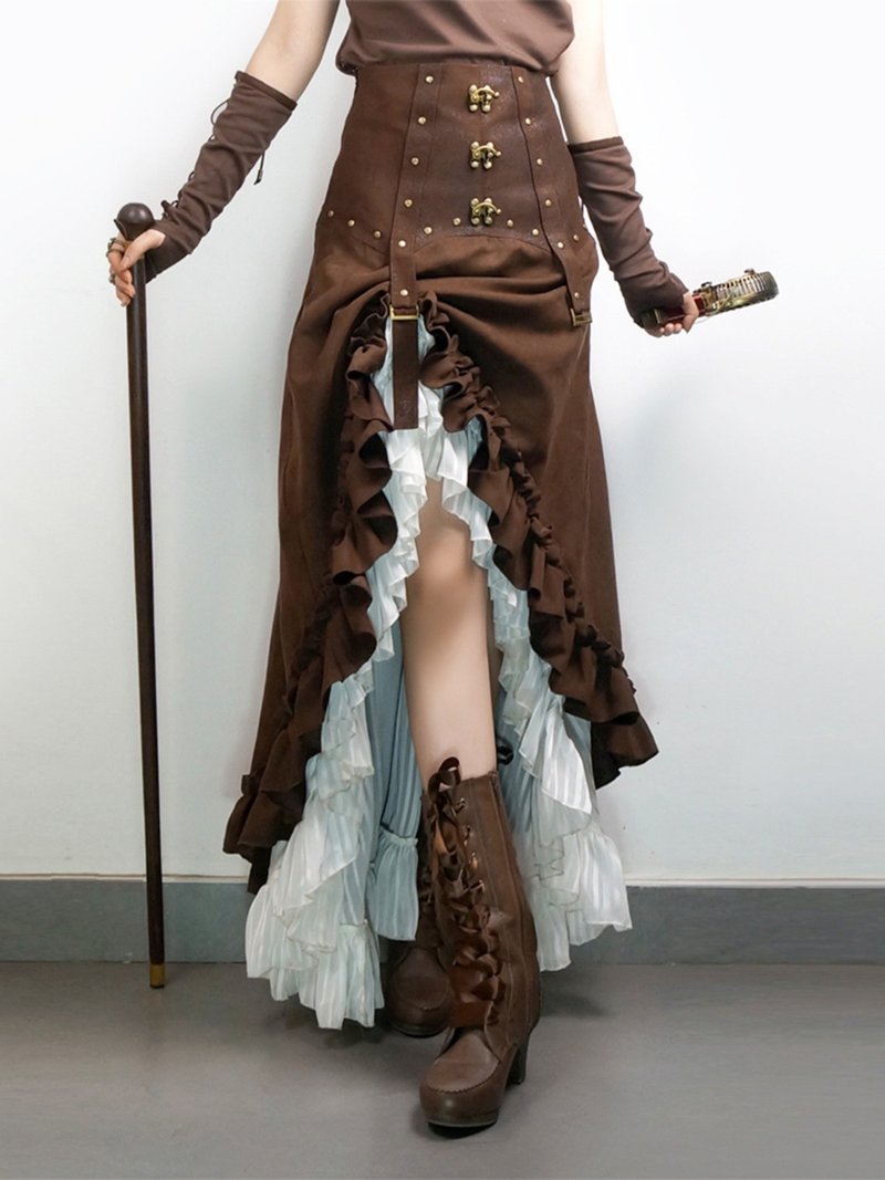 蒸汽朋克 steampunk 維多利亞風 白雪紡 多層復古高腰 長半裙 - 禮服/小禮服 - 聚酯纖維 咖啡色