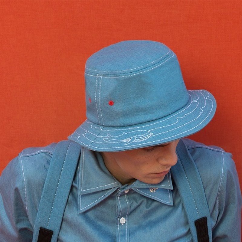 YIZISTORE新款海系列牛仔刺繡漁夫帽盆帽個性遮陽帽情侶帽-鯨魚 - 帽子 - 其他材質 藍色