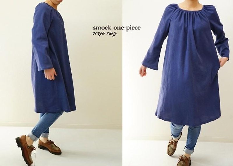 cottonリネン混クレープ ベルスリーブのスモックワンピース/ネイビーブルー a23-4 - One Piece Dresses - Other Materials Blue