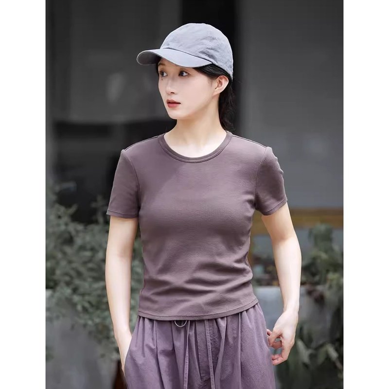 Red bean paste high elastic ribbed fabric thin slim fit knitted T-shirt - เสื้อยืดผู้หญิง - ผ้าฝ้าย/ผ้าลินิน 