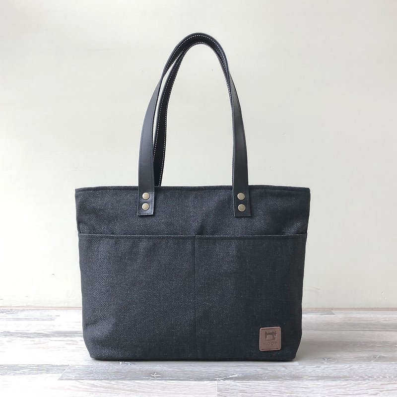 Leather handle tote bag | carbon black - Messenger Bags & Sling Bags - Cotton & Hemp Black