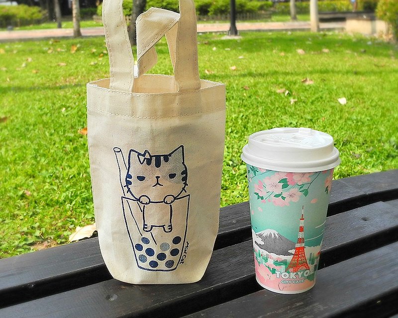 帆布飲料袋 勇者貓系列－珍珠奶茶 手工絹印 飲料提袋 - 杯袋/飲料提袋 - 棉．麻 白色