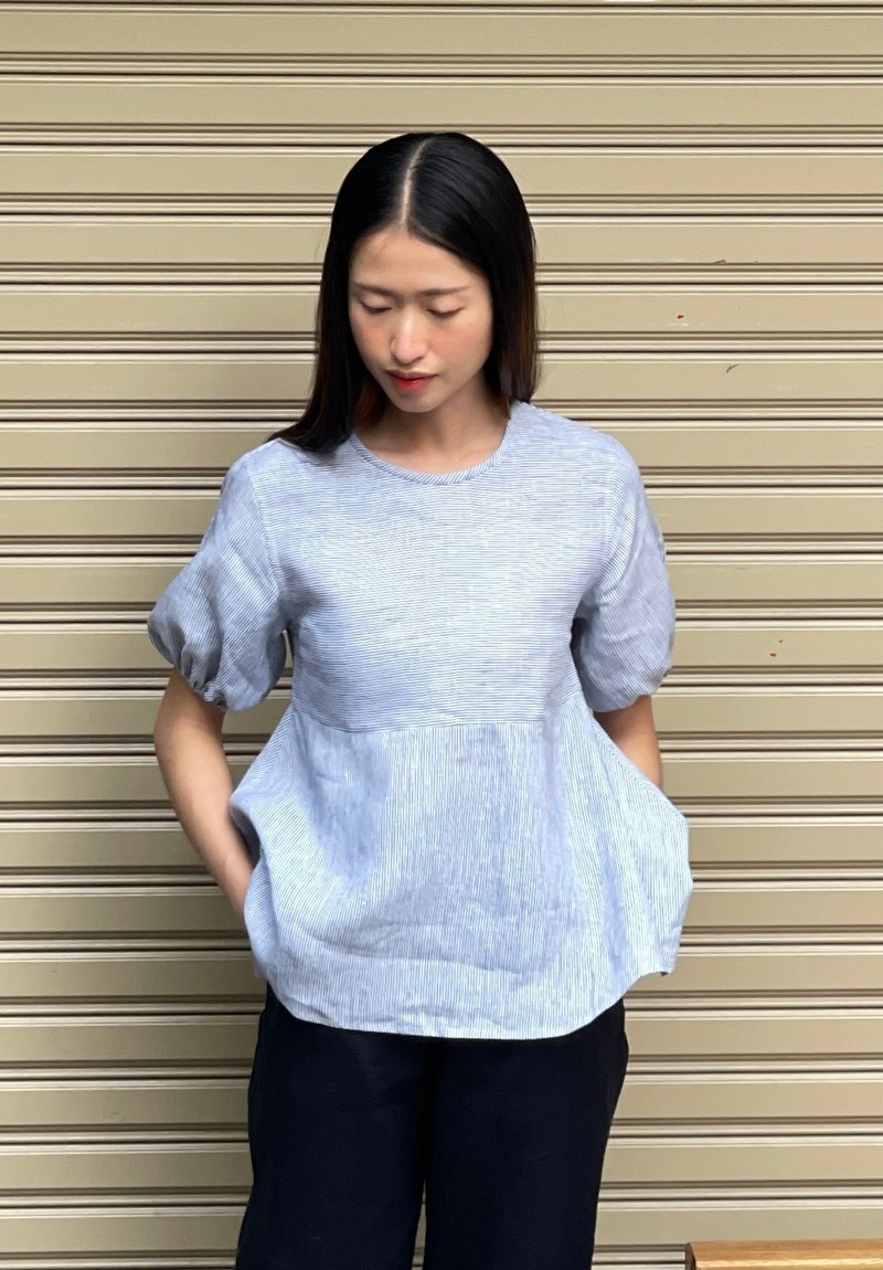 圓領、短袖亞麻襯衫，胸下延續：愛麗絲襯衫 - 女上衣/長袖上衣 - 棉．麻 多色