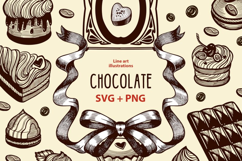 Chocolate clipart SVG, Vintage style PNG line art, Dessert Clipart, Candy png - 電子喜帖/賀卡/邀請函 - 其他材質 