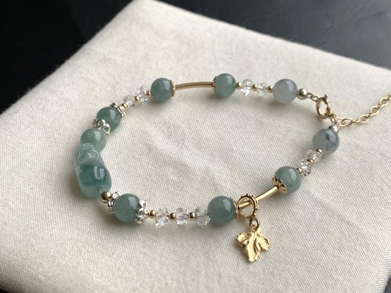 天然翡翠手鍊 招財貔貅手鍊 冰糯種飄花 14kgf 925銀 閃靈鑽 - 手鍊/手環 - 玉石 多色