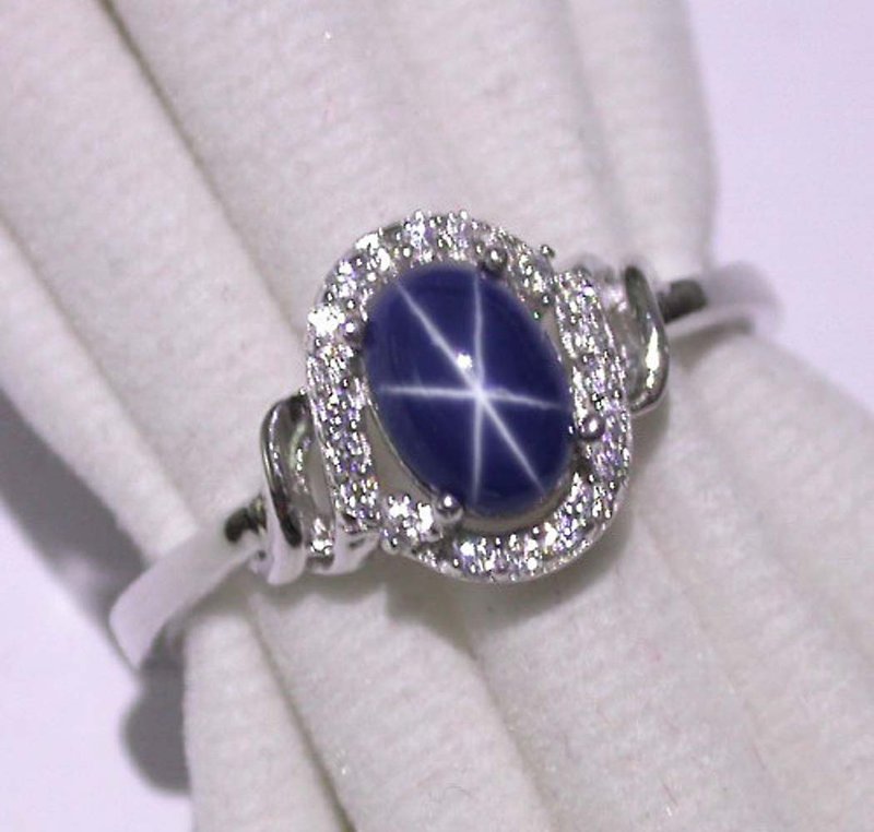 8 x 6 mm. Natural star blue sapphier ring silver sterling size 7.0 free resize - 戒指 - 純銀 白色