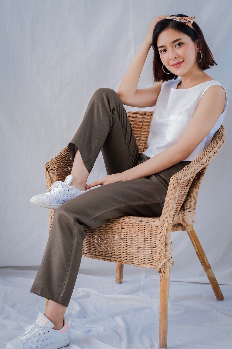 Casual Pants in Brown - 女長褲 - 亞麻 咖啡色