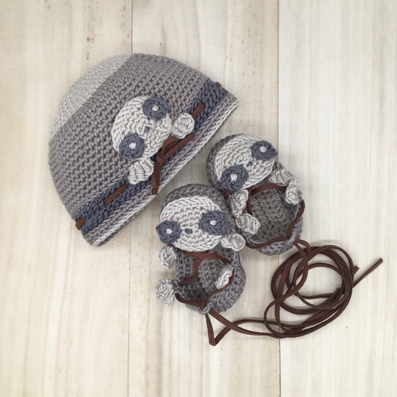 Sloth Crochet Baby Hat & Footwear - Sloth Tie Sandals Booties - Sloth Beanie - Baby Gift Sets - Cotton & Hemp Brown