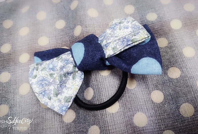 Blue small floral dot double bow hair ring - Hair Accessories - Other Materials Blue