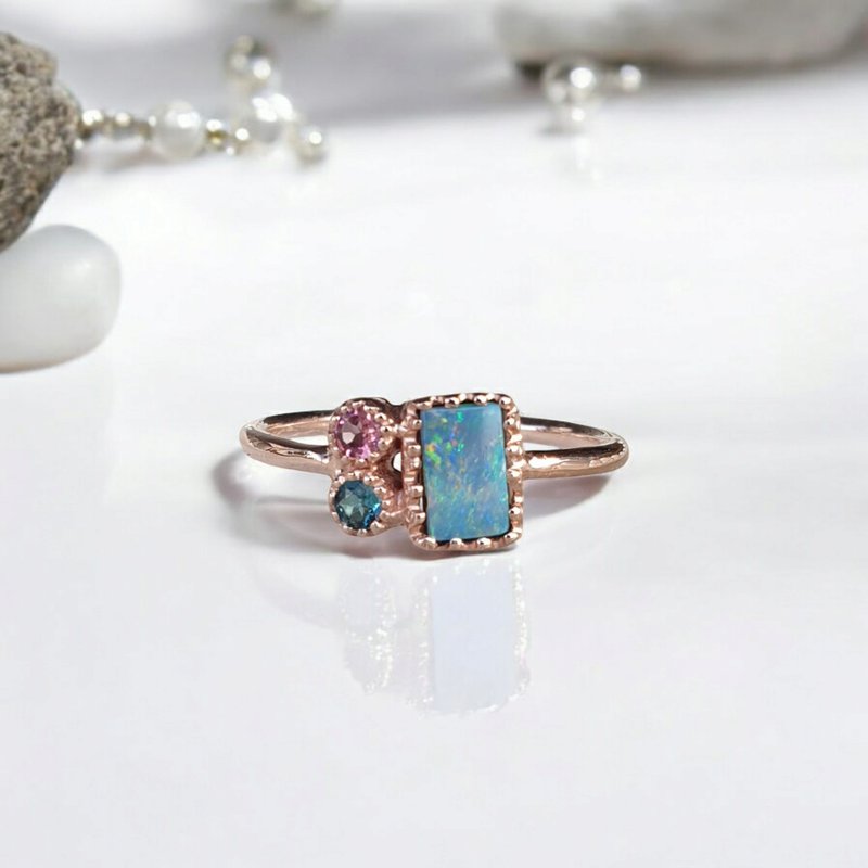 Australian Opal ring size decorated with Pink and green tourmaline, silver925 setting - General Rings - Gemstone Blue