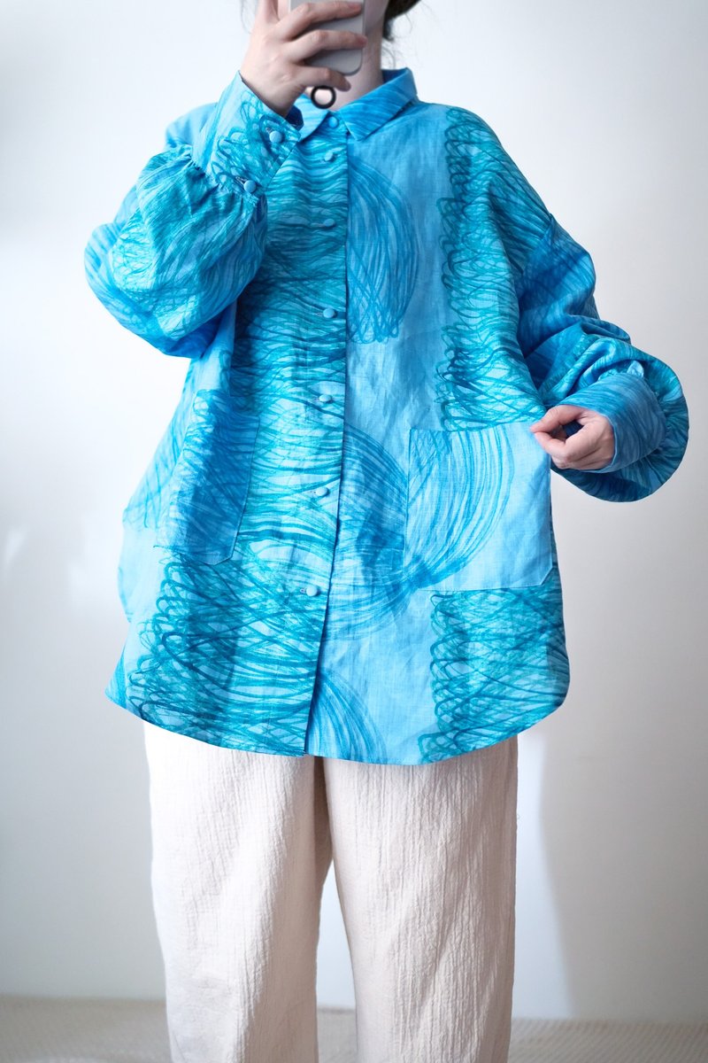 藍藍的一幅畫長袖襯衫 - 連身裙 - 棉．麻 藍色