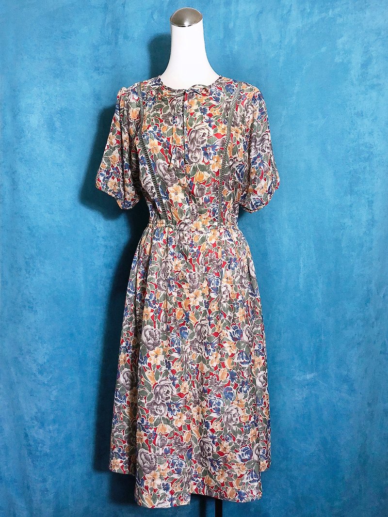 Flower weave empty short-sleeved vintage dress / bring back VINTAGE - One Piece Dresses - Polyester Multicolor